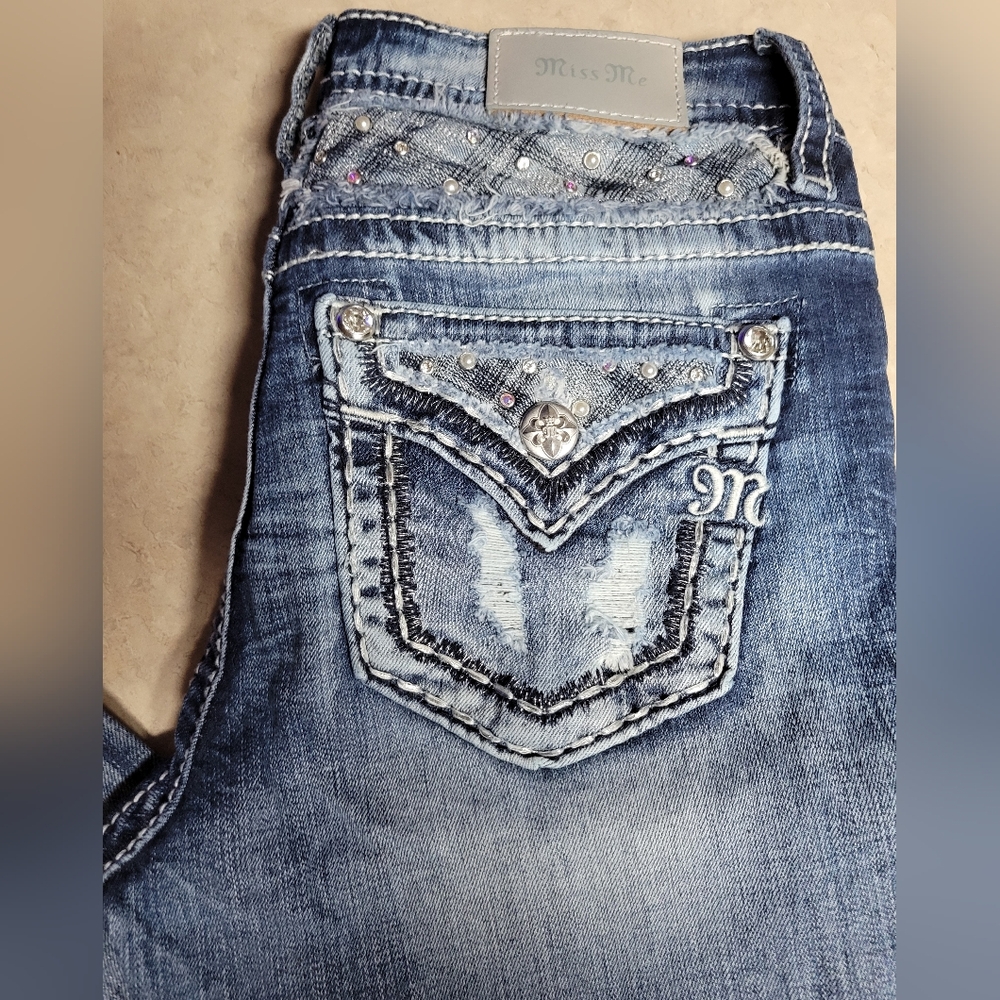 Miss me jeans size 26 mid rise skinny distressed, embellished-blue/silver - Picture 14 of 15